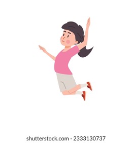 Girl volleyball player jumps and reaches out to hit the ball. Vector isolated illustration of cute cartoon character on white background. Happy kid play volleyball sport game, championship or workout