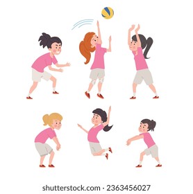 Girl volleyball players set in pink sportswear raised hands up, jumps, stretches to hit the ball. Happy cute kids play sport game, championship or workout. Vector cartoon isolated illustrations