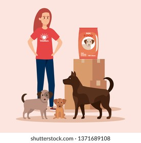 girl volunteer with dogs and boxes with food