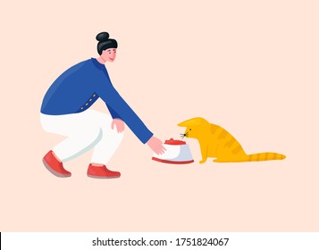 Girl Volunteer Feeding Lost Cat In Animal Shelter. Vector Character Illustration For Pet Rescue Website Or Promotional Materials.