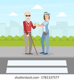 Girl Volunteer Helping Blind Elderly Man to Cross the Road, Volunteering, Charity, Supporting People Concept Vector Illustration