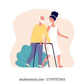 Girl volunteering. Young woman and old man, nurse and patient. Rehabilitation helping, medical support during recovery vector illustration
