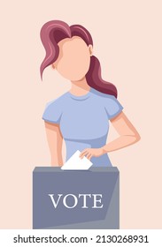 The girl voter lowers the ballot into the ballot box. Everyone votes. The concept of the election campaign, political elections, voting. The girl votes for or against the candidate.