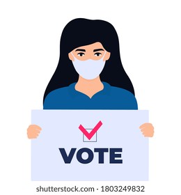 Girl Voter In Protective Mask Holds A Poster With Text Vote