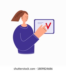 The girl votes online using a tablet. Online voting. A person makes a choice remotely from his electronic device. Remote elections. Vector illustration.