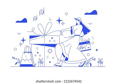 Girl with voucher, gift certificate or coupon vector illustration. Woman with giftbox linear style. Loyalty and referral marketing program