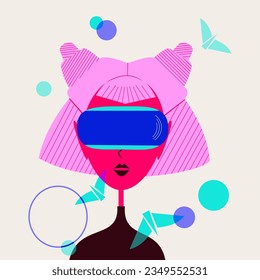 Girl in vr glasses. Geometric vector illustration virtual reality. Risograph style.