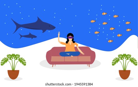 Girl with VR Headset in Living Room. VR Under Sea Concept. Virtual Reality for Education and Games. Flat Vector Illustration.