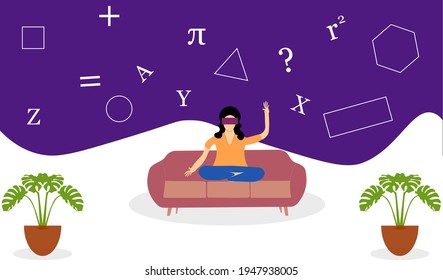 Girl with VR Headset in Living Room. VR Learning Mathematics Concept. Virtual Reality for Education and Games. Flat Vector Illustration.