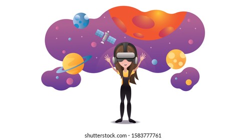Girl with VR headset in outer space with planets and rocket. Virtual reality for education and games. Flat cartoon vector illustration. 