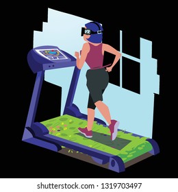 girl with vr headset running on tradmill of grass  - vector illustration