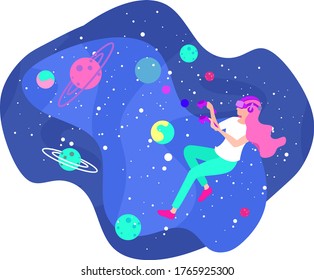 A girl with a VR headset sees space. The concept of virtual reality. Flat vector illustration. Web page with VR concept.  Can be used for web banner, infographic. Augmented reality concept banner 