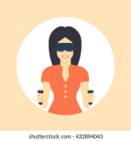 girl in vr headset, virtual reality glasses, flat style female character, long-haired girl in orange dress, vector illustration
