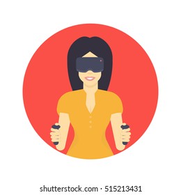 girl in vr headset, virtual reality glasses, flat style female character, smiling long-haired girl