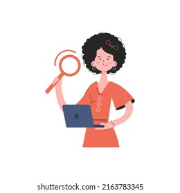 The girl is waist-deep holding a computer and a magnifying glass. Isolated. Element for presentations, sites. Vector illustration