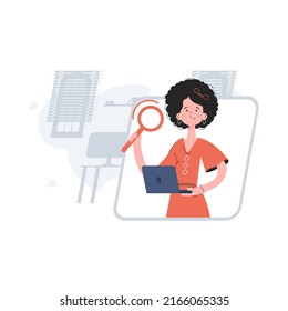 The girl is waist-deep holding a computer and a magnifying glass. Search. Element for presentations, sites. Vector illustration