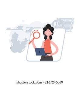 The girl is waist-deep working at the computer. Search. Element for presentations, sites. Vector illustration