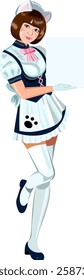 Girl waiter in a cat costume Japan beautiful Japanese girl in a dark blue sundress and a white apron with a cat paw print emblem on her head woolen cat ears in her hands restaurant menu Vector