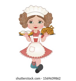 Girl waiter dressed in a pink dress and a white apron with carries a dish of chicken and potatoes, clip-art on a white isolated background