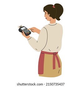 Girl waiter holds out a terminal for non-cash payment in her hand. Payment in a restaurant for food. Issuing a check for services rendered. Flat style in vector illustration.