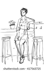  girl waiter sits on a high stool