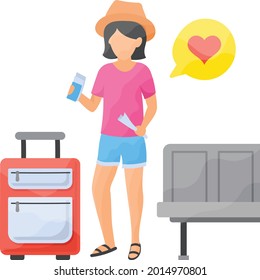 Girl waiting in an airport lounge and holding her passport Concept Vector Icon Design, Travel and Tourism Symbol, Holiday and Vacation Sign, Discovery and exploration Stock illustration