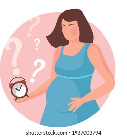 Girl waiting for a baby.  Young woman is waiting for the birth to begin. Woman with clock. Color vector illustration 