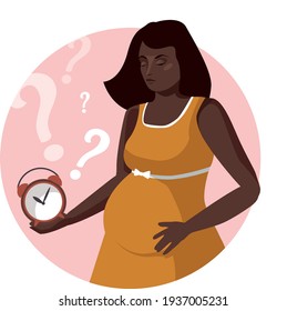 Girl waiting for a baby.  Young woman is waiting for the birth to begin. Woman with clock. Color vector illustration 