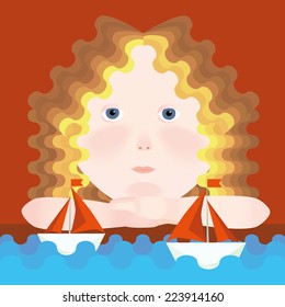 Girl waiting boat with scarlet sails. Vector