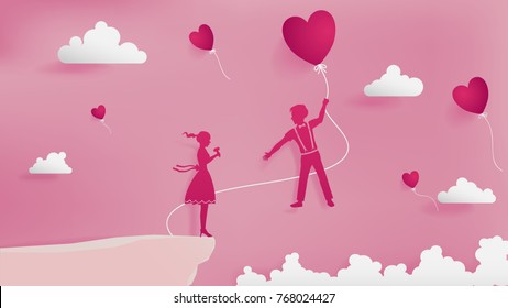 girl waiting a boy on the cliff,boy flowing with red balloon and trying to get a girl,soft pink background,balloons are trough clouds.
