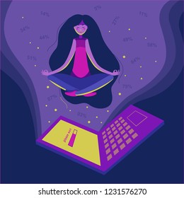 The girl is waiting for the computer to load. She is meditating, levitating, trying to keep calm.