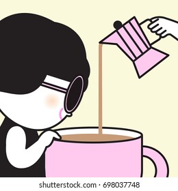 Girl Waiting Happily For Coffee Pouring From Coffee Pot Into A Large Cup Concept Card Character illustration