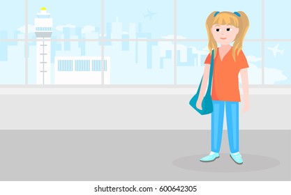 The girl is waiting for her flight. The passenger with suitcase. The runway of the airport of the glass. The plane flies in the sky. Flat illustration. Vector.