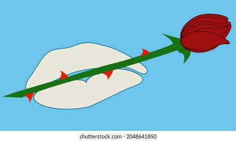 A girl is waiting for her lover with a rosebud in her lips. She has decorated her lips with white lipstick, her love is vast like blue sky. 
