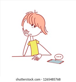 Girl waiting for a phone call and looking. Vector.