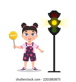 Girl with a waiting sign. The traffic light shows a yellow signal. Vector illustration