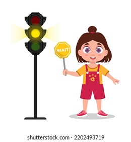 Girl with a waiting sign. The traffic light shows a yellow signal. Vector illustration