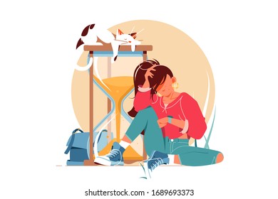 Girl waiting for something vector illustration. Young woman sitting near big hourglass and looking at watch. Cat on top of sandglass flat style concept