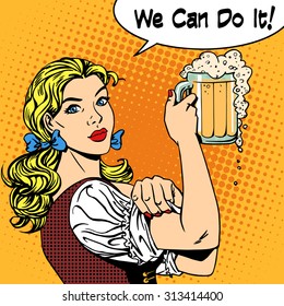 Girl waitress with beer says we can do it. Oktoberfest beer festival brewery restaurant holiday party. Womens business strong gender feminism. Retro style pop art. Woman in traditional Bavarian