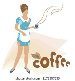 Girl waitress with a cup of coffee in hands on a white background and an inscription coffee, vector illustration
