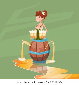 Girl Waitress Hold Beer Glasses Wooden Barrel Oktoberfest Festival Banner Flat Vector Illustration