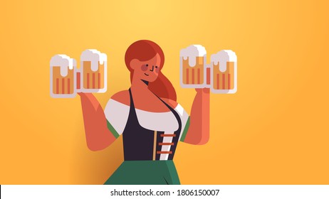 girl waitress holding beer mugs Oktoberfest party celebration concept woman in german traditional clothes having fun portrait horizontal vector illustration