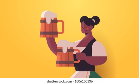 girl waitress holding beer mugs Oktoberfest party celebration concept african american woman in german traditional clothes having fun portrait horizontal vector illustration