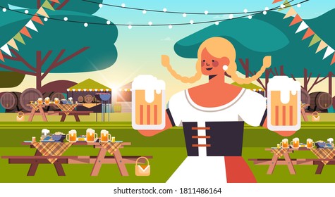 girl waitress holding beer mugs Oktoberfest party celebration concept woman in german traditional clothes having fun portrait horizontal vector illustration