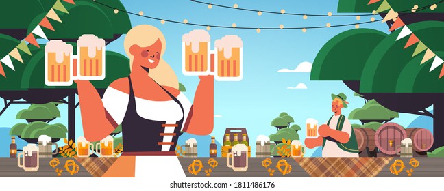 girl waitress holding beer mugs Oktoberfest party celebration concept woman in german traditional clothes having fun portrait horizontal vector illustration