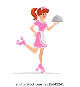 Girl Waitress Holding Food Cover On Roller Skate. Restaurant Worker Character Cartoon Illustration Vector