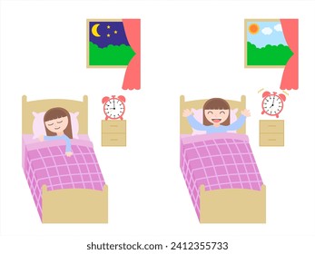 Girl wake up in the morning and sleeping on tonight.Going to bed.Health care cand insonia concept.Character.Woman full sleeps in bedroom.Night and morning.Mental health.Cartoon vector illustration.