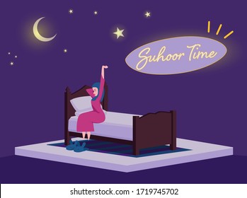 A girl wake up at night for suhoor in ramadan month, suhoor time vector illustration, Sleepy Woman Wake Up And Get Ready For Suhoor Party, Pre Dawn Meal Called Sahur, Suhoor And Iftar Party 