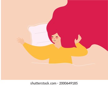 Girl wakes up in the morning and feels happy and good . Woman getting up and stretch in the bed. Stress free, body mental health, positive vibes and relaxation freedom concept. Vector illustration