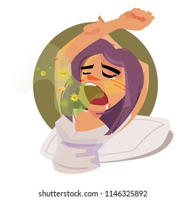 girl waking up with bad breath in the morning. illustration 